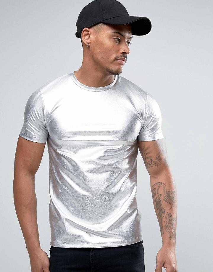 Asos Longline Muscle T-shirt In Metallic Silver - Silver