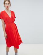 Warehouse Wrap Midi Dress With Flute Sleeves In Red - Red