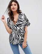 Asos Design Wrap Top With Kimono Sleeve In Zebra Animal Print-multi