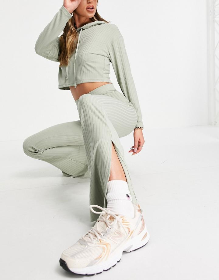 Night Addict Split Hem Flared Set Leggings In Rib-green
