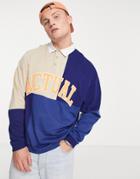 Asos Actual Oversized Rugby Polo Shirt With Color Block Panels And Logo Applique In Navy