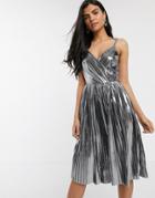 River Island Pleated Midi Dress In Metallic Silver