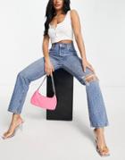 Asos Design Organic Blend Low Rise Straight Leg Jean With All Over Diamantes And Ripped Knee-blues