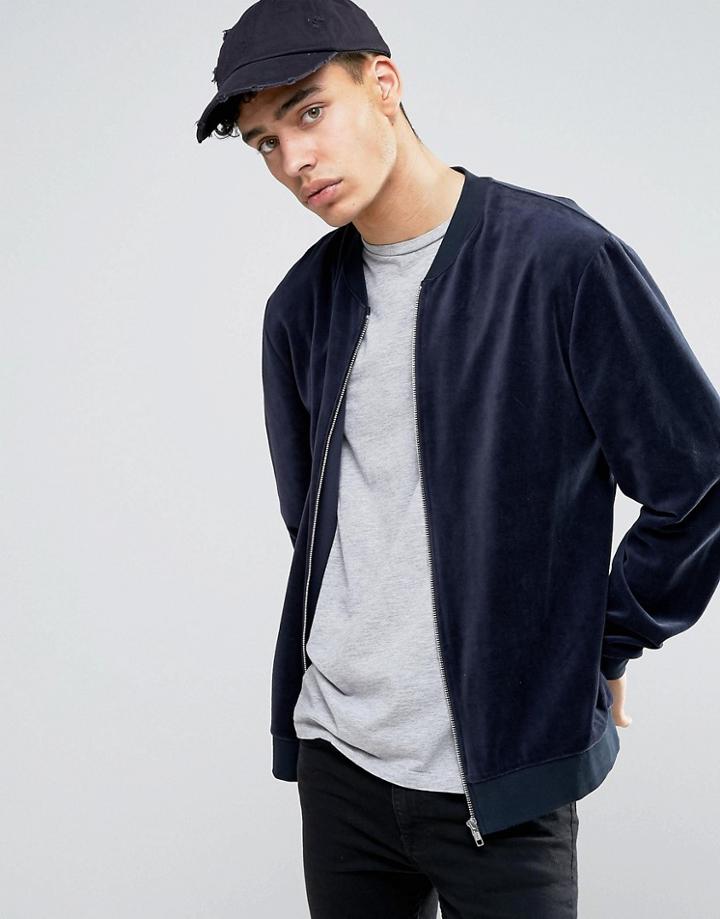 Asos Jersey Bomber Jacket In Navy Velour - Navy
