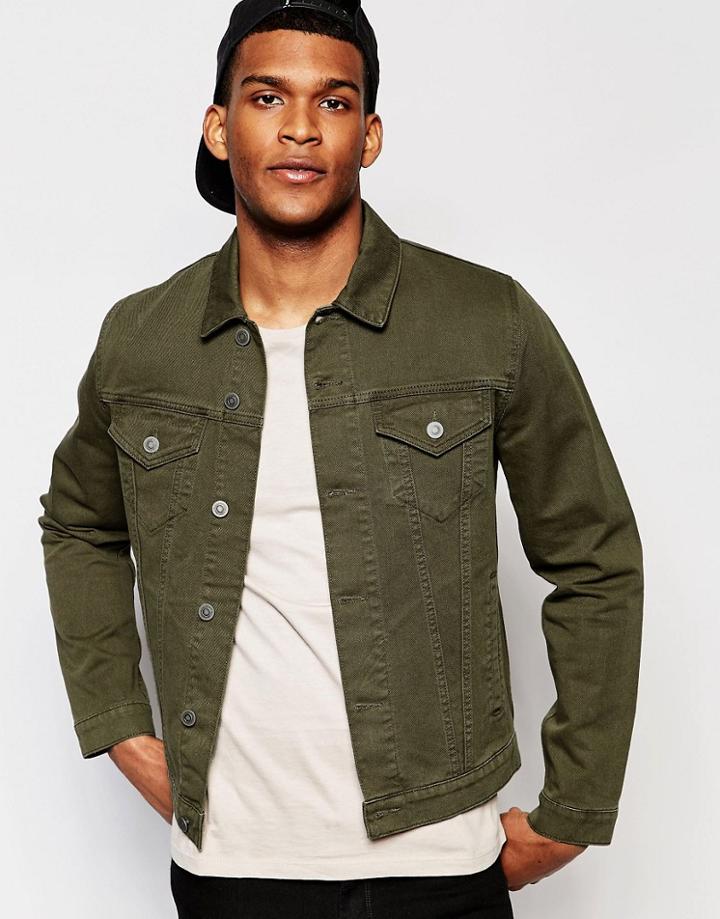 Asos Slim Denim Jacket In Khaki - Khaki