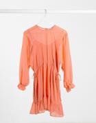 Asos Design Dobby Batwing Mini Dress With Drawstring Waist In Coral-orange