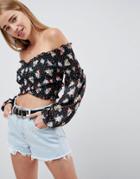 Asos Design Off Shoulder Shirred Crop Top In Black Ditsy Print - Multi