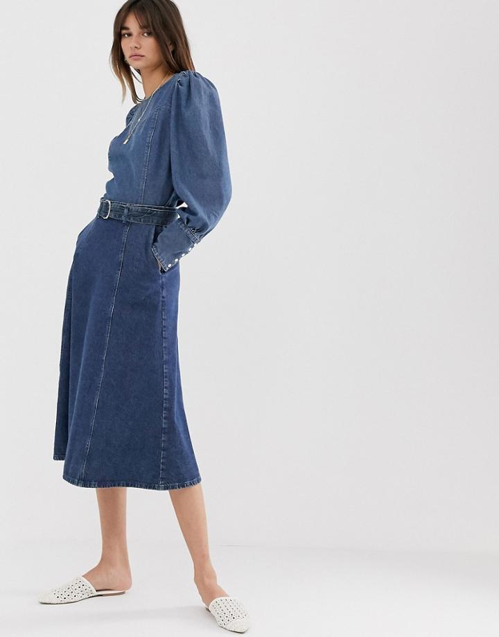 Gestuz Serala Belted Denim Midi Skirt - Blue