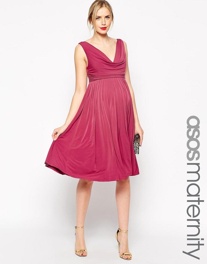 Asos Maternity Wedding Pleated Midi Dress With Drape Cowl Neck - Navy