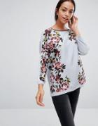 Oasis Woven Front Top With Rose Print - Gray