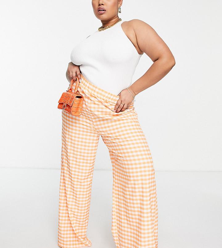 Extro & Vert Plus Elasticated Super Wide Leg Pants In Orange Gingham