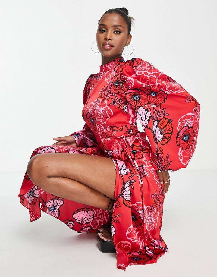 Liquorish Overscaled Midi Dress In Contrast Colors With Balloon Sleeves In Floral-multi