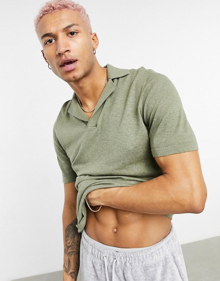 Asos Design Knit Camp Collar Polo T-shirt In Washed Khaki-green
