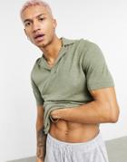 Asos Design Knit Camp Collar Polo T-shirt In Washed Khaki-green