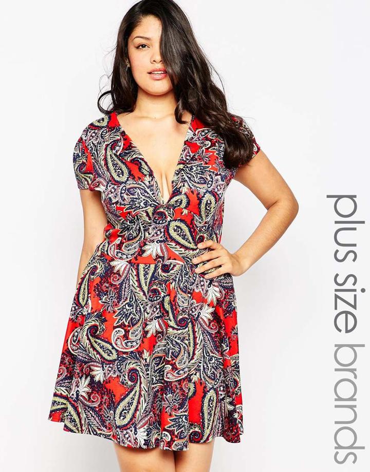 Club L Plus Size Skater Dress In Paisley Print With Open Neck - Red Piasley