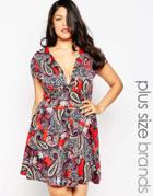 Club L Plus Size Skater Dress In Paisley Print With Open Neck - Red Piasley