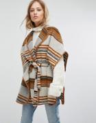 Suncoo Wrap Stripe Coat With Belt - Brown