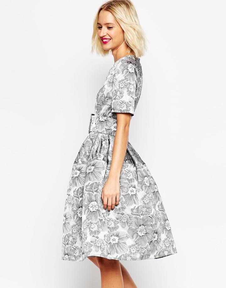 Asos Mono Floral Jacquard Belted Midi Prom Dress - Mono