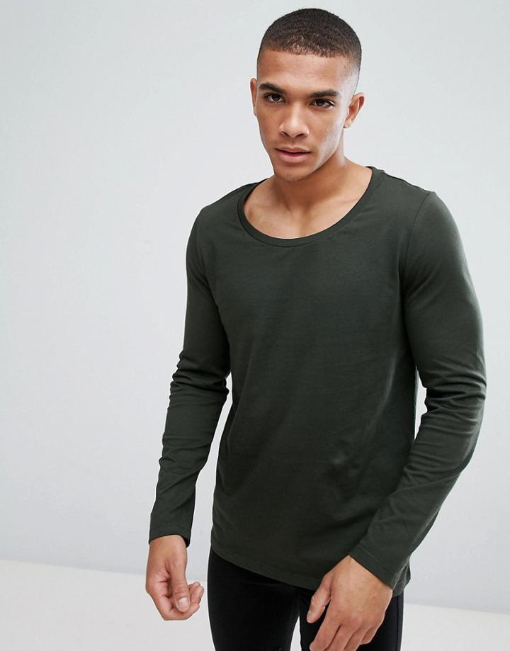 Asos Design Long Sleeve T-shirt With Scoop Neck In Khaki - Green