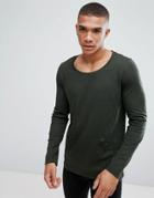 Asos Design Long Sleeve T-shirt With Scoop Neck In Khaki - Green