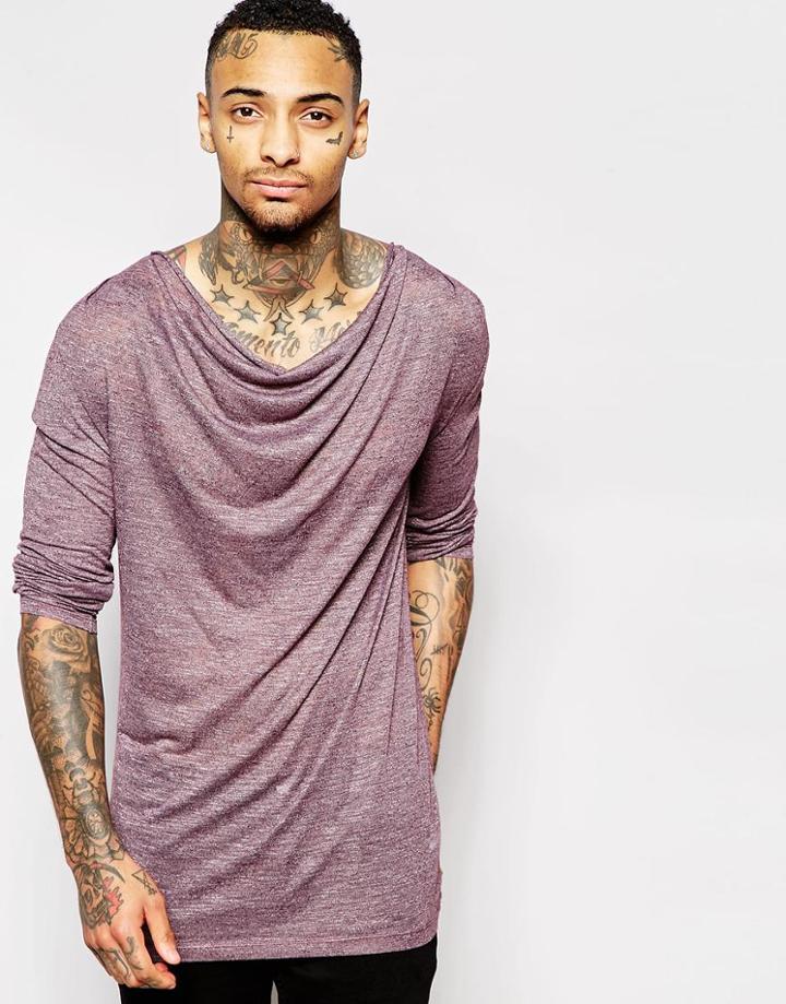 Asos Longline Long Sleeve T-shirt With Drape Neck - Burgandy