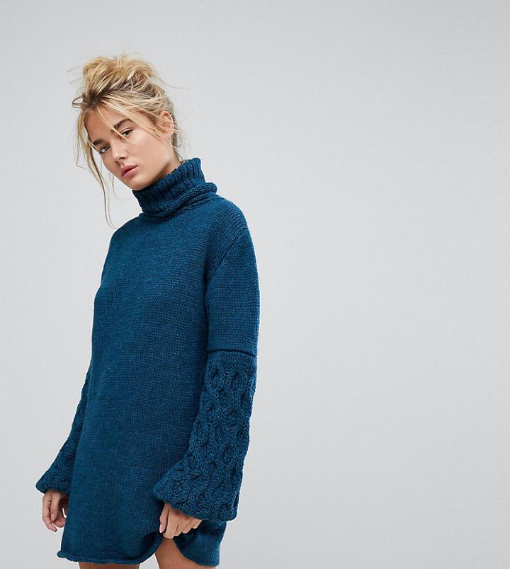 Oneon Hand Knitted Textured Sleeve Dress - Blue