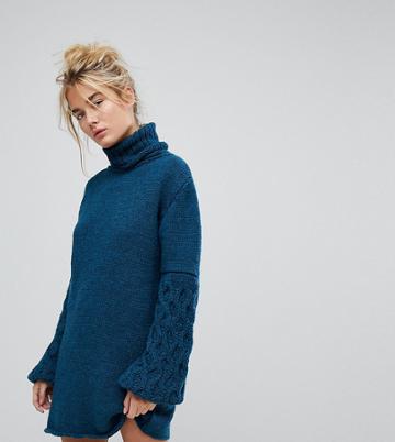 Oneon Hand Knitted Textured Sleeve Dress - Blue