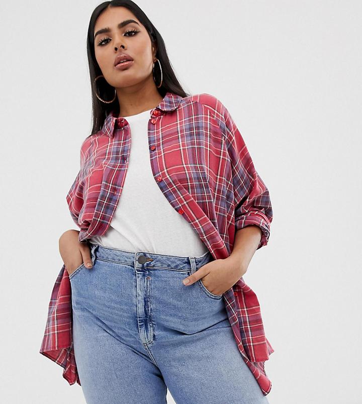 Asos Design Curve Long Sleeve Plaid Check Boyfriend Shirt - Multi