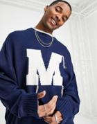 Mennace Varsity Knit Sweater In Navy With Off White Embroidery