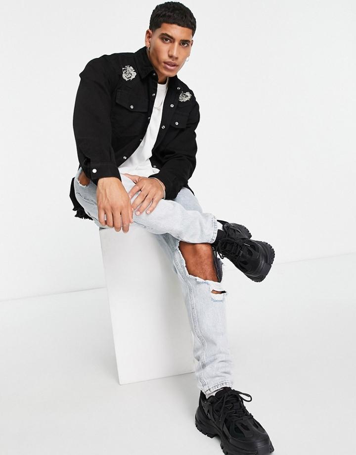 Bolongaro Trevor Embroidery Denim Shirt With Raw Hem-black