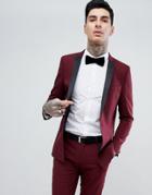 Asos Skinny Suit Tuxedo Jacket In Dark Burgundy With Black Satin Lapel - Red