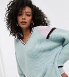 Asos Design Tall V Neck Sweater With Colorblock And Tipping Detail In Green