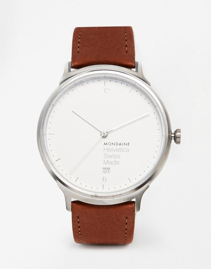 Mondaine Helvetica Leather Strap Watch - Brown