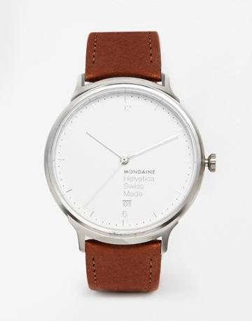 Mondaine Helvetica Leather Strap Watch - Brown