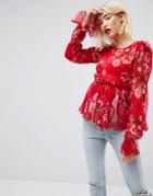 Asos Ruffle Smock Blouse In Red Floral - Multi