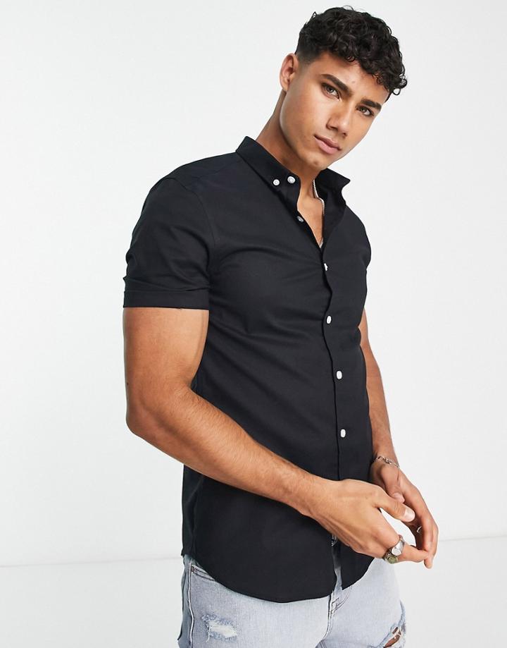 New Look Smart Short Sleeve Muscle Fit Oxford Shirt In Black