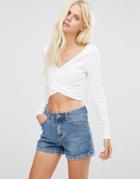 Daisy Street Crop Top With Wrap Front - White