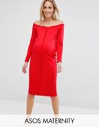 Asos Maternity Midi Sweetheart Neck Button Through Bodycon Dress - Red