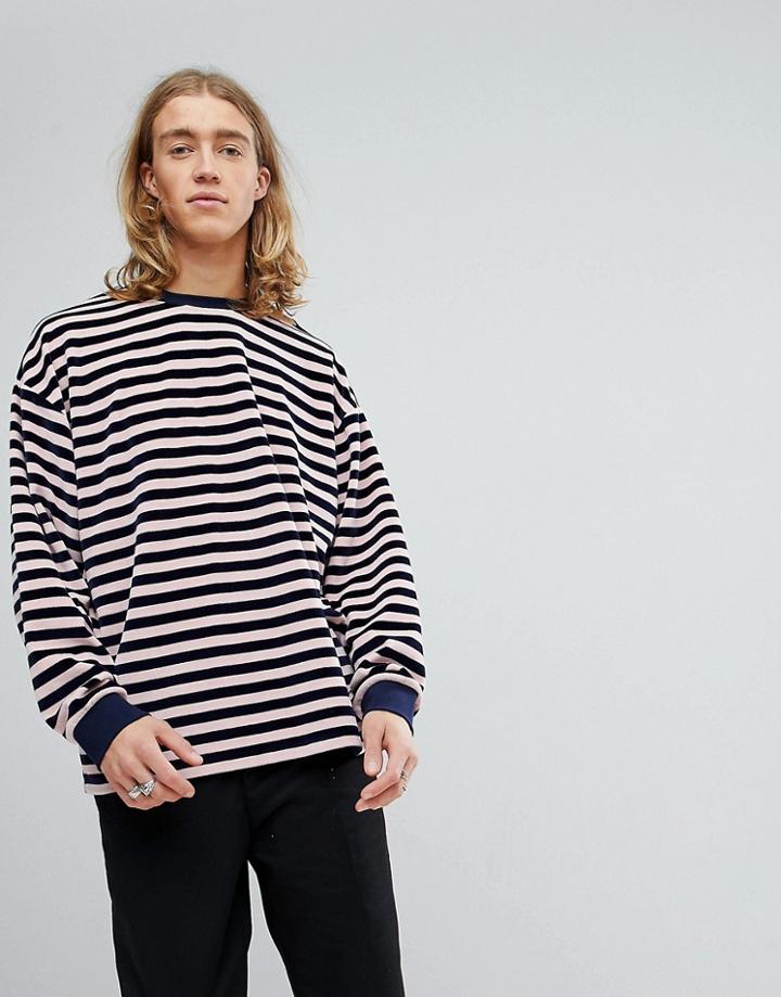 Asos Oversized Striped Sweatshirt In Velour - Navy