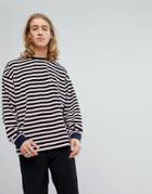 Asos Oversized Striped Sweatshirt In Velour - Navy