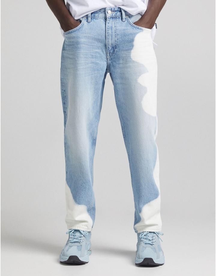 Bershka 90s Fit Jeans With Bleach Out Patches In Blue-blues