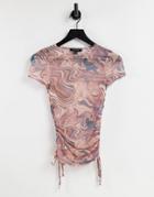 New Look Ruched Side T-shirt In Brown Marble