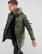 Hype Padded Parka In Khaki With Faux Fur Hood - Green