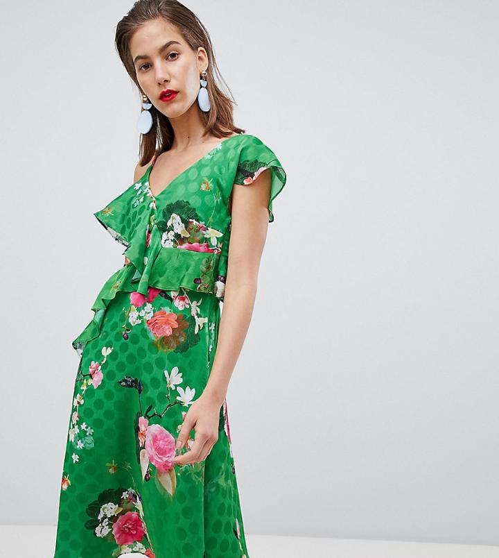 River Island Floral Print One Shoulder Midi Dress - Green