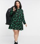 Asos Design Curve Long Sleeve Tiered Smock Mini Dress In Black Floral Print-multi