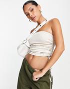 Topshop Premium Basic Longline Ruched Side Bandeau In Ecru-neutral