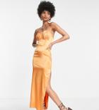Flounce London Tall Satin Midi Dress With Ruched Cup Detail In Tangerine-orange