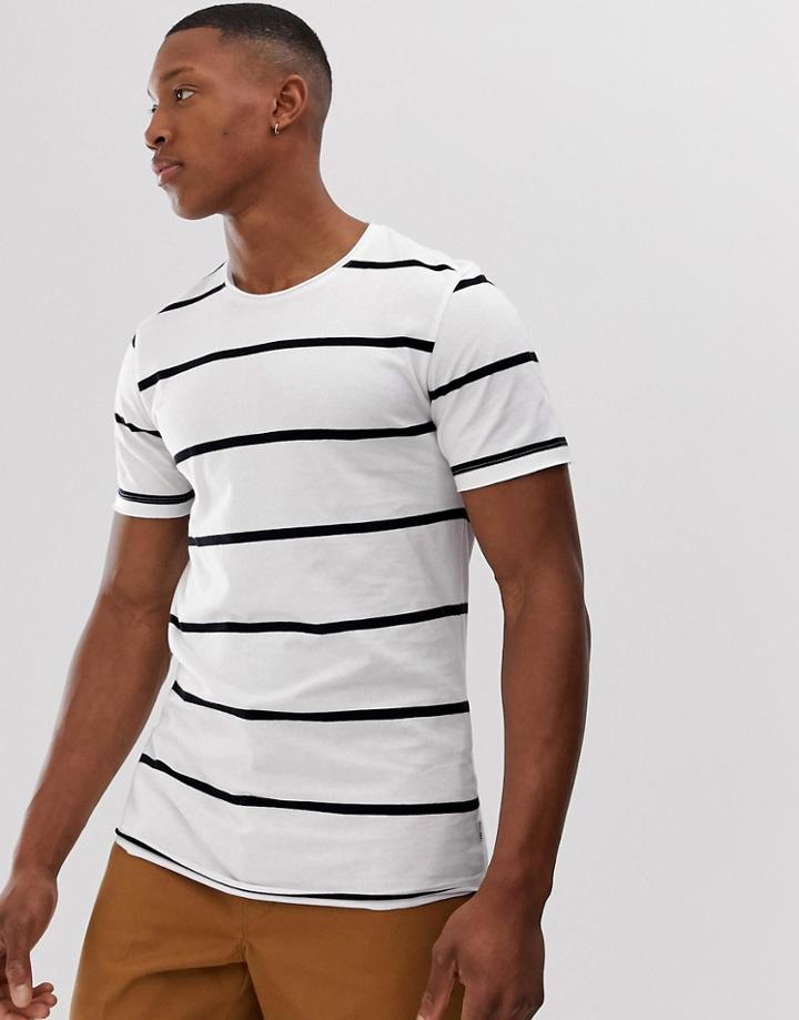 Jack & Jones Premium Striped Raw Hem T-shirt In White