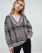 Asos Design Checked V Neck Sweater With Tipping - Multi
