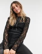 Ever New High Neck Lace Top With Studded Detail In Black